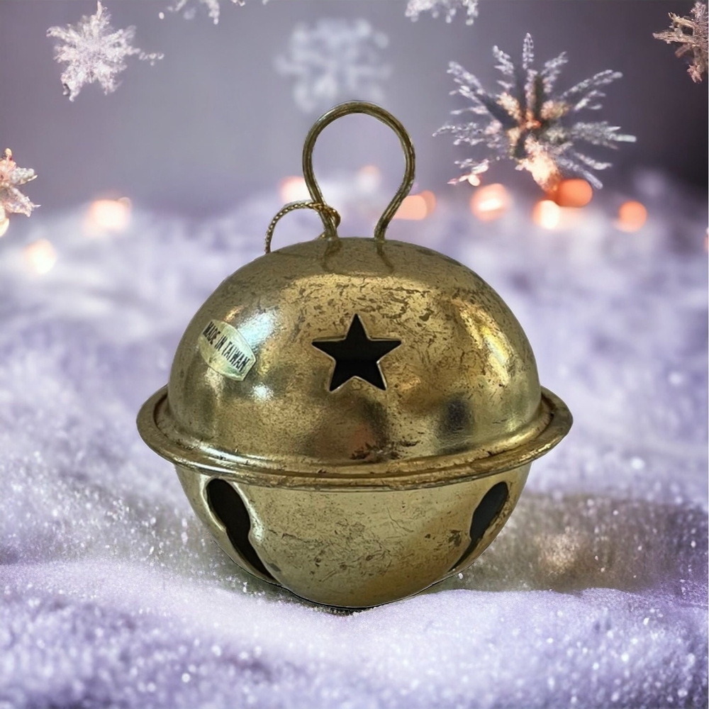Vintage Gold Metal Jingle Bell Ornament Christmas Ball Collectible Decor
